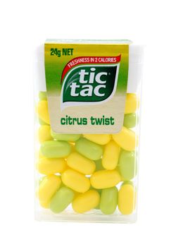 24g container of Citrus Twist Tic Tac candies.  Each candy contains 2 calories.   Tic Tac is made by Ferrero.  White Background.  Editorial use only.