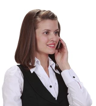 Portrait of a young woman on the phone, isolated against a white background.