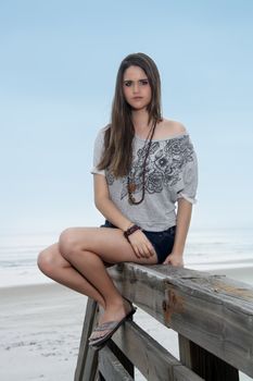 A beautiful young brunette sits on the railing of a boardwalk on a misty Florida beach.