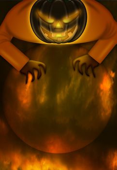 Halloween Jack O Lantern Over Fiery Spooky Moon Illustration