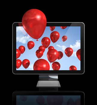 red balloons in a 3D tv screen isolated on black whith clipping path