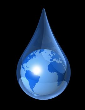 blue world globe map in a water drop. 3D ecology symbol