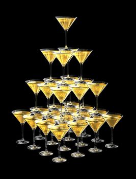 3D pyramid of champagne glasses isolated on black background. three dimensional illustration