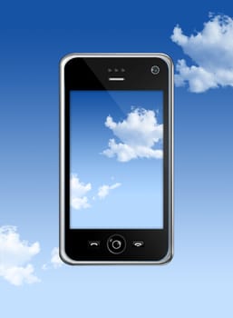 three dimensional mobile phone isolated on a blue sky whith clipping path