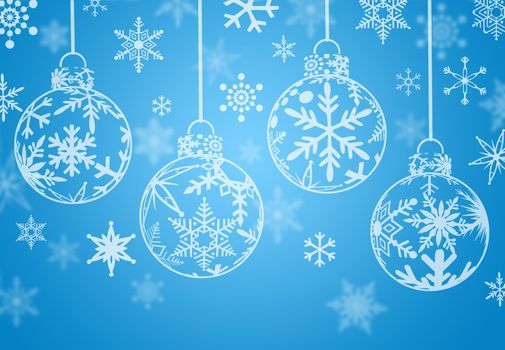 Christmas Ornaments with Snow Flakes on Blue Background