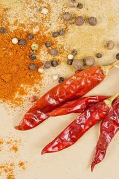 dried peppers and other kind of peppers spices on a brown background