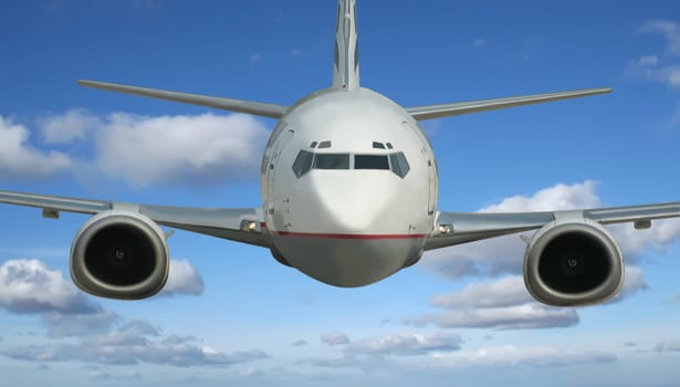 airplane fliying over a the beautiful blue sky background