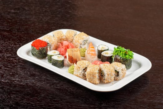 view of closeup japanese sushi set at plate