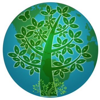 Blue Planet with Abstract Eco Tree Silhouette Illustration