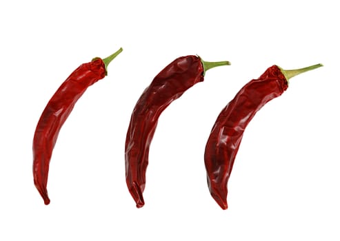 Three dried hot red chili peppers isolated on white background