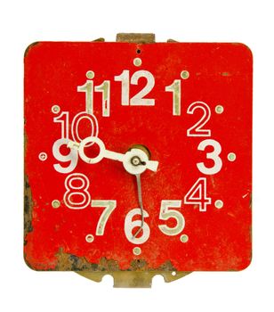 Clock old and rusty. Antique red residue of broken clock. Retro. Vintage. Bent arrows.