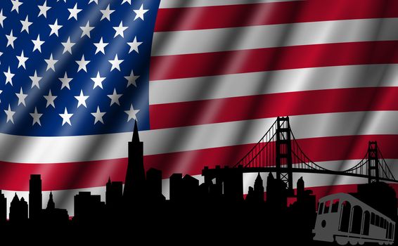 USA American Flag with Golden Gate Bridge San Francisco Skyline Silhouette Illustration