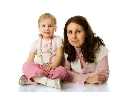 mother and daughter posing together  isolated on white