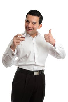 Happy man giving a thumbs up approval of wine .  White background.