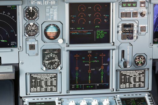 Modern passenger jet aircraft cockpit dashboard