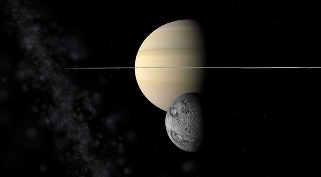 Saturn and Calypso  on a background of stars 
