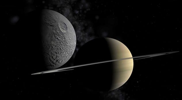 Saturn and Thetys  on a background of stars 
