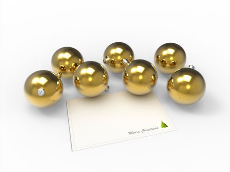 Christmas gold baubles and white christmas card for the wishes