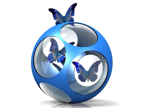 the butterfly in a metal and glass ball