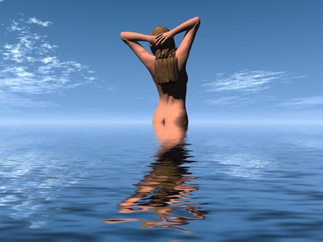a  naked woman bathes in  the sea