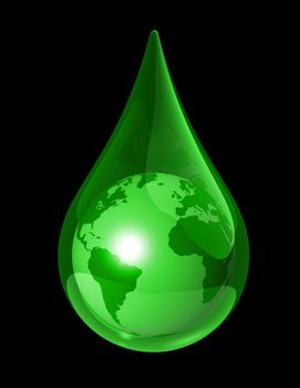 green world globe map in a water drop. 3D ecology symbol