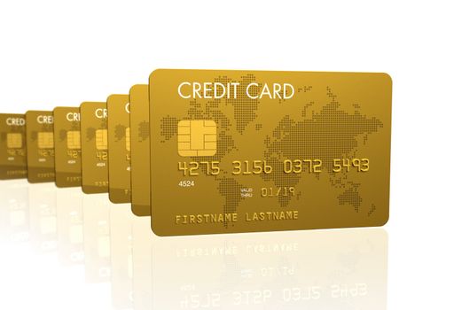 Gold credit cards serie, 3D render isolated on white