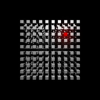 Isolated three dimensional cube made of metal cubes whith a red selected point