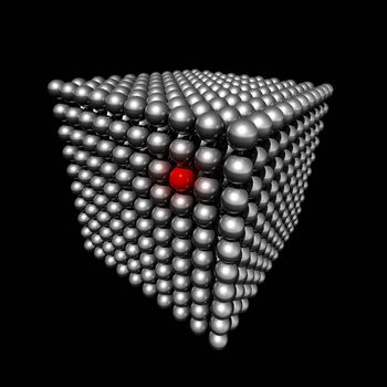 Isolated three dimensional cube made of metal spheres whith a red selected point