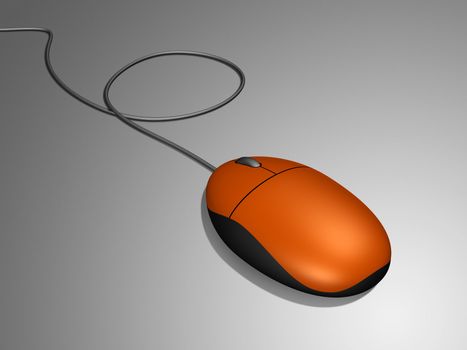 3D orange computer mouse on a silver metallic background
