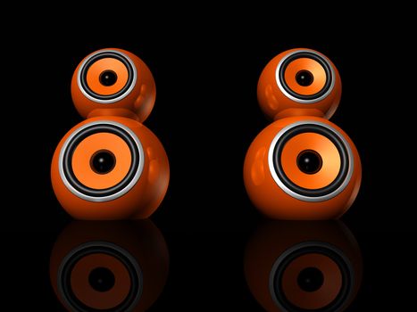 three dimensional orange speaker spheres isolated on black