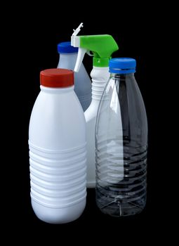 group of plastic bottles isolated on black