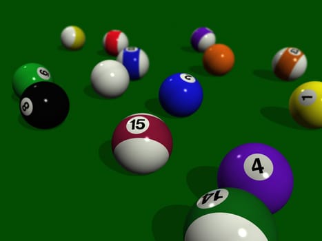 pool balls on a green billiard table. Three dimensional illustration