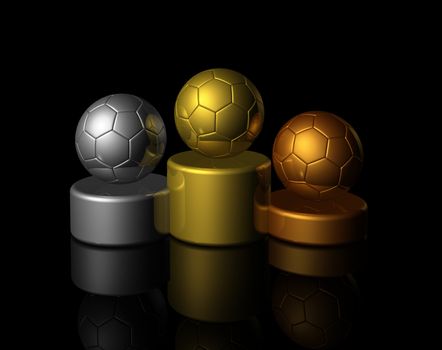 podium with bronze, silver and gold soccer balls - three dimensional illustration isolated on black