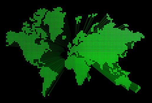 three dimensional green spotted world map isolated on black background