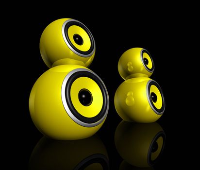 three dimensional yellow speaker spheres isolated on black
