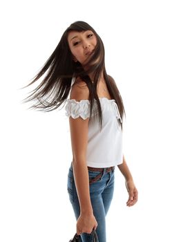 A young cheerful woman flicking her long beautiful  hair.  Some visible motion.  White background. Model  Jessica Elms  (n.b. model is new and would like to build up some tearsheets of images in use, if you use her image and are able to forward a proof or final layout or weblink, please contact me) Makeup by  Hanae Satomura, Hair by Kayla Cifelli