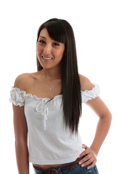 Beautiful smiling young asian/caucasian woman with hand on hip on a white background. Model Jessica Elms
(n.b. model is new and would like to build up some tearsheets of images in use, if you use her image and are able to forward a proof or final layout or weblink, please contact me)  Makeup by  Hanae Satomura, Hair by Kayla Cifelli