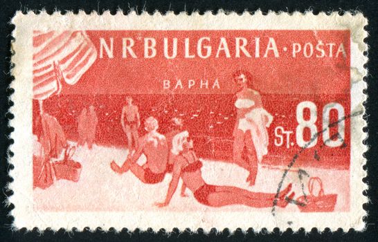 BULGARIA - CIRCA 1957: stamp printed by Bulgaria, shows Varna beach scene, circa 1957