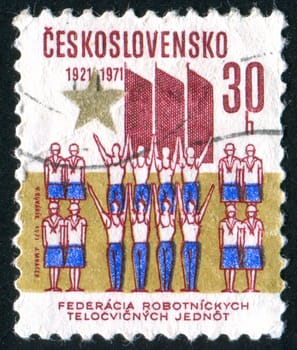 CZECHOSLOVAKIA - CIRCA 1971: stamp printed by Czechoslovakia, shows Gymnasts and Banners, circa 1971