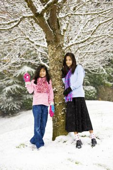 Two young girls standing by tree in fresh snow