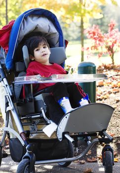 Disabled boy with cerebral palsy in medical stroller enjoying an autumn day outdoors at the park