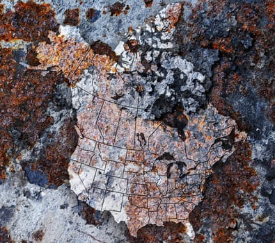 Rusty metal plate with trace of North America