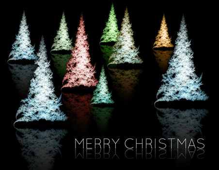 Fractal Christmas trees on black background with reflections