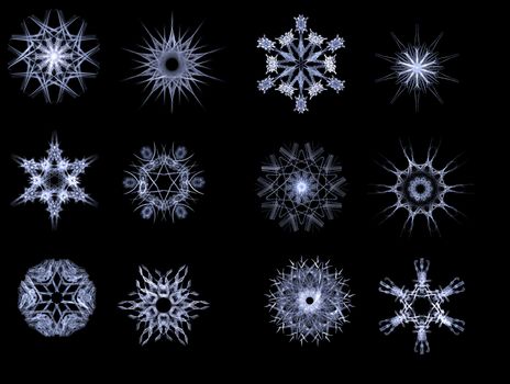 Fractal snowflakes on a black background