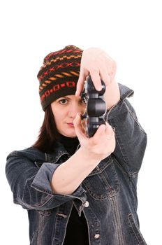 woman gamer with joystick isolated on white background