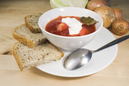 Vegetable soup - borscht in bowl with bread