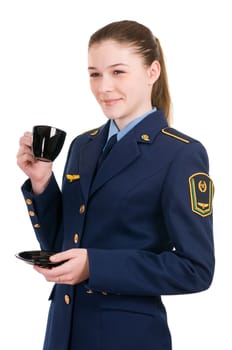 girl in the uniform of the railway with a cup isolated on white background