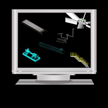 3D Modeling of machineryin a   lcd monitor. Note:  All the 3d model in the monitor is my original works.