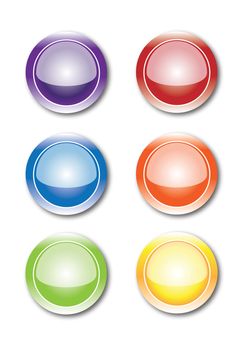 A set of six colorful illustrated glass buttons with a subtle drop shadow. Ideal for web or other uses.