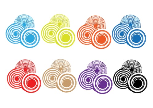 A set of colorful woodcut styled illustrated swirls.